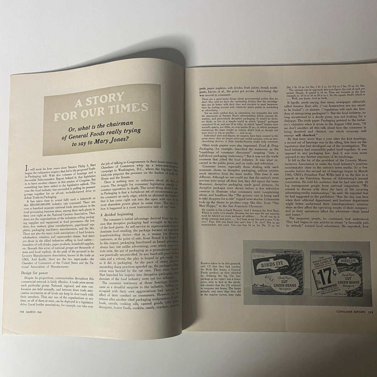 Inside pages of Consumer Reports Magazine March 1965, featuring an article discussing consumer protection and food packaging issues.