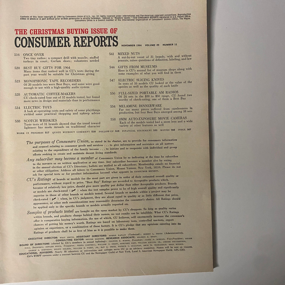 Table of contents from Consumer Reports November 1964 Christmas Buying Issue highlighting product categories and reviews for holiday gifts.