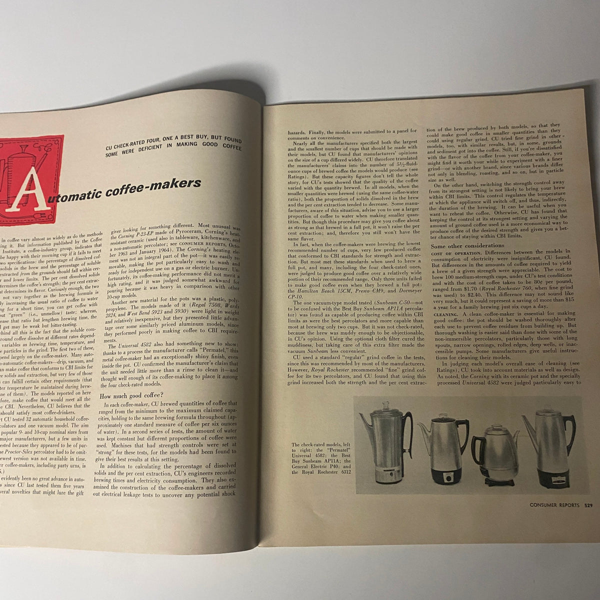Interior page of Consumer Reports November 1964 Christmas Buying Issue discussing automatic coffee-makers with product ratings and reviews.