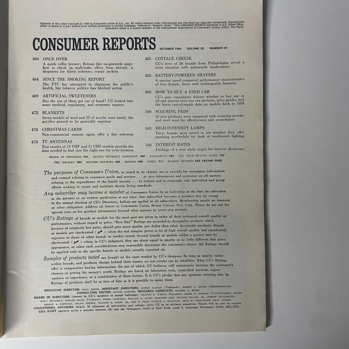 Interior page of October 1964 Consumer Reports magazine displaying the table of contents, showcasing various articles including buying guides for used cars and product ratings.