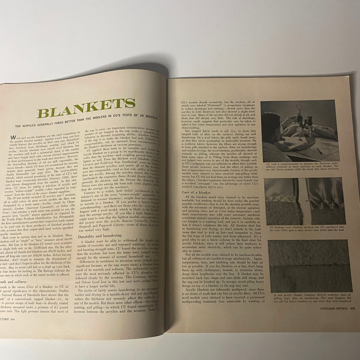 Article page from October 1964 Consumer Reports magazine discussing the performance and ratings of different blanket models.