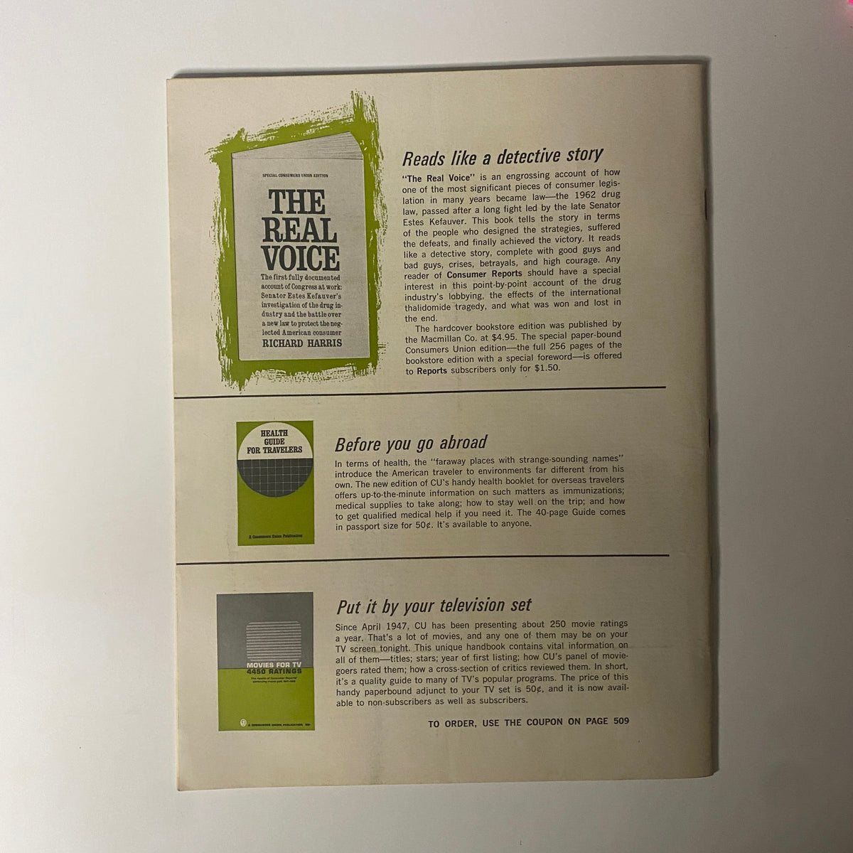 Back cover of October 1964 Consumer Reports magazine featuring advertisements for 'The Real Voice' book and travel health guides.