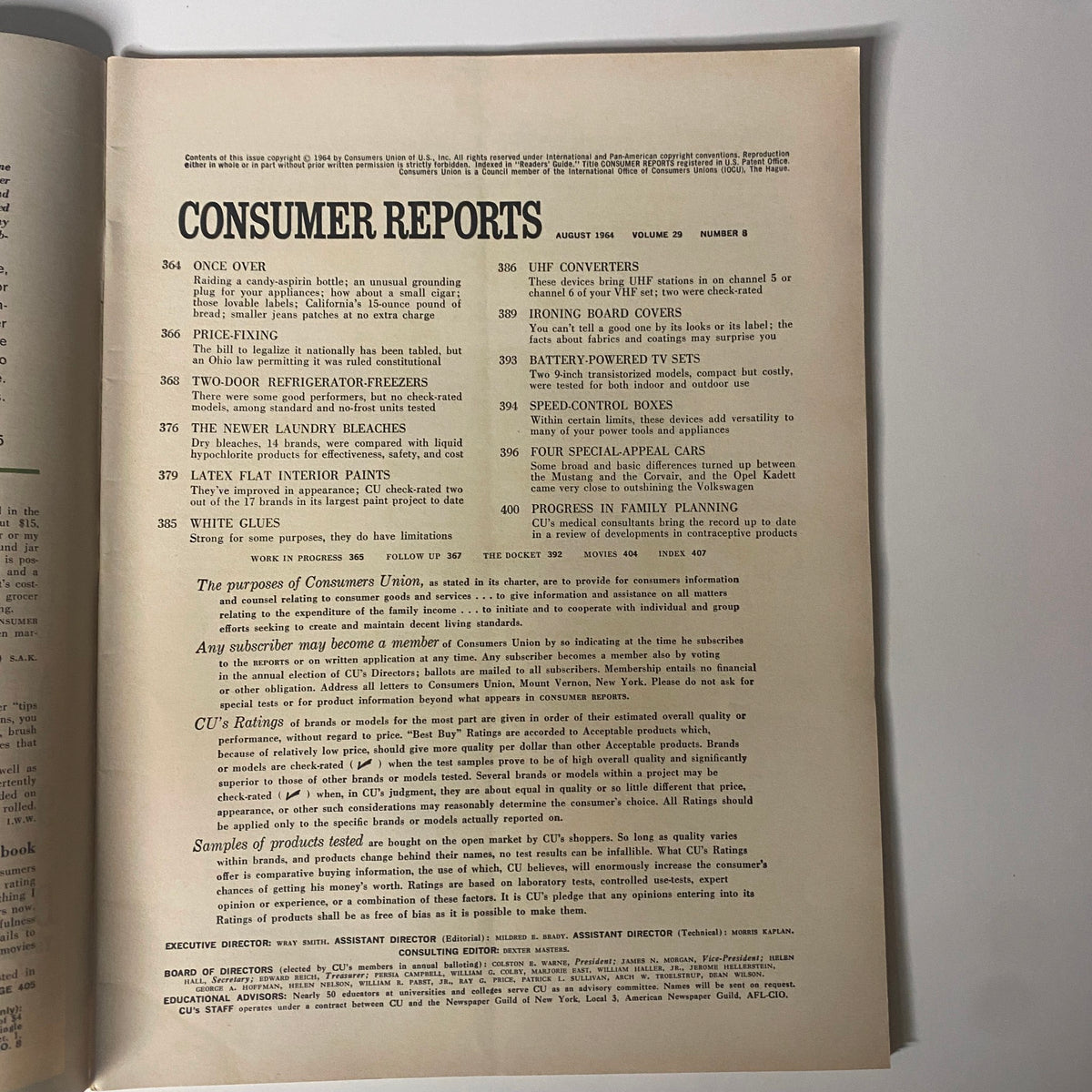 Table of contents from Consumer Reports Magazine August 1964, listing articles on refrigerators, laundry bleaches, and automobiles.