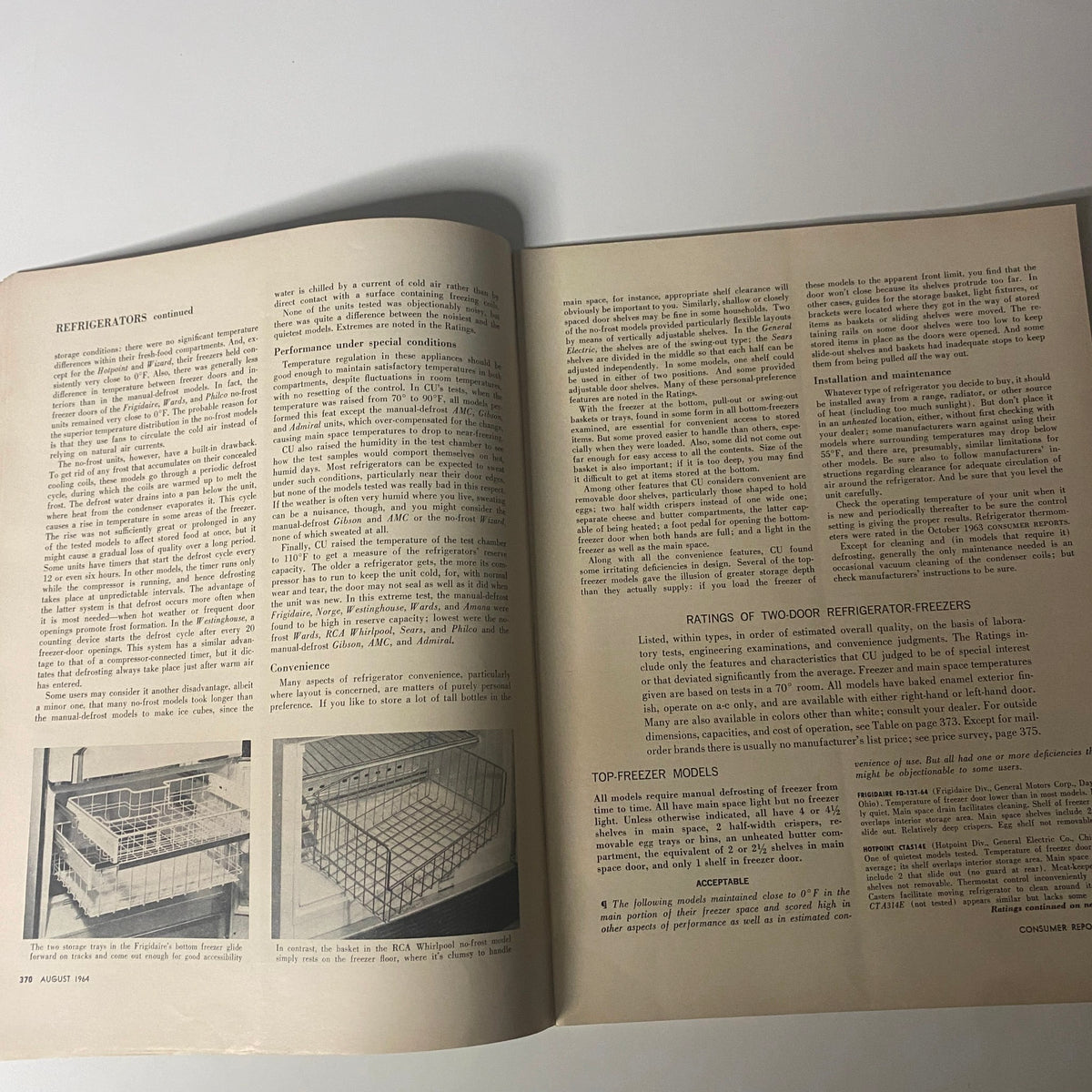 Detailed article page from Consumer Reports Magazine August 1964 discussing ratings for two-door refrigerator-freezers.