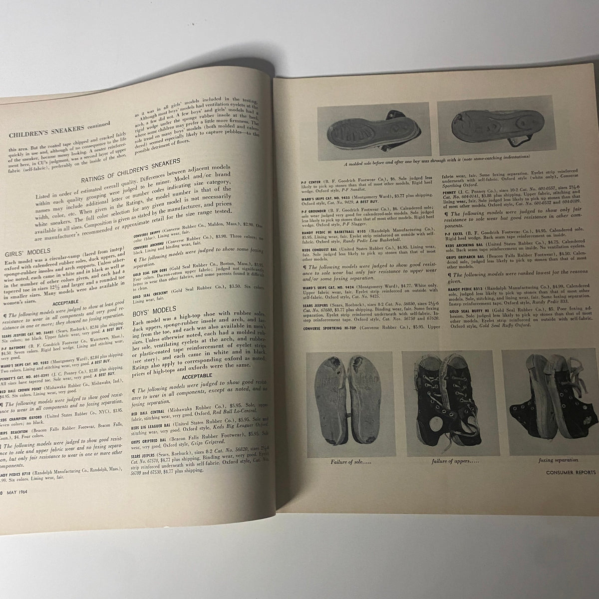 Children's sneakers reviews section from Consumer Reports May 1964, showcasing ratings and evaluations of boys' and girls' models.