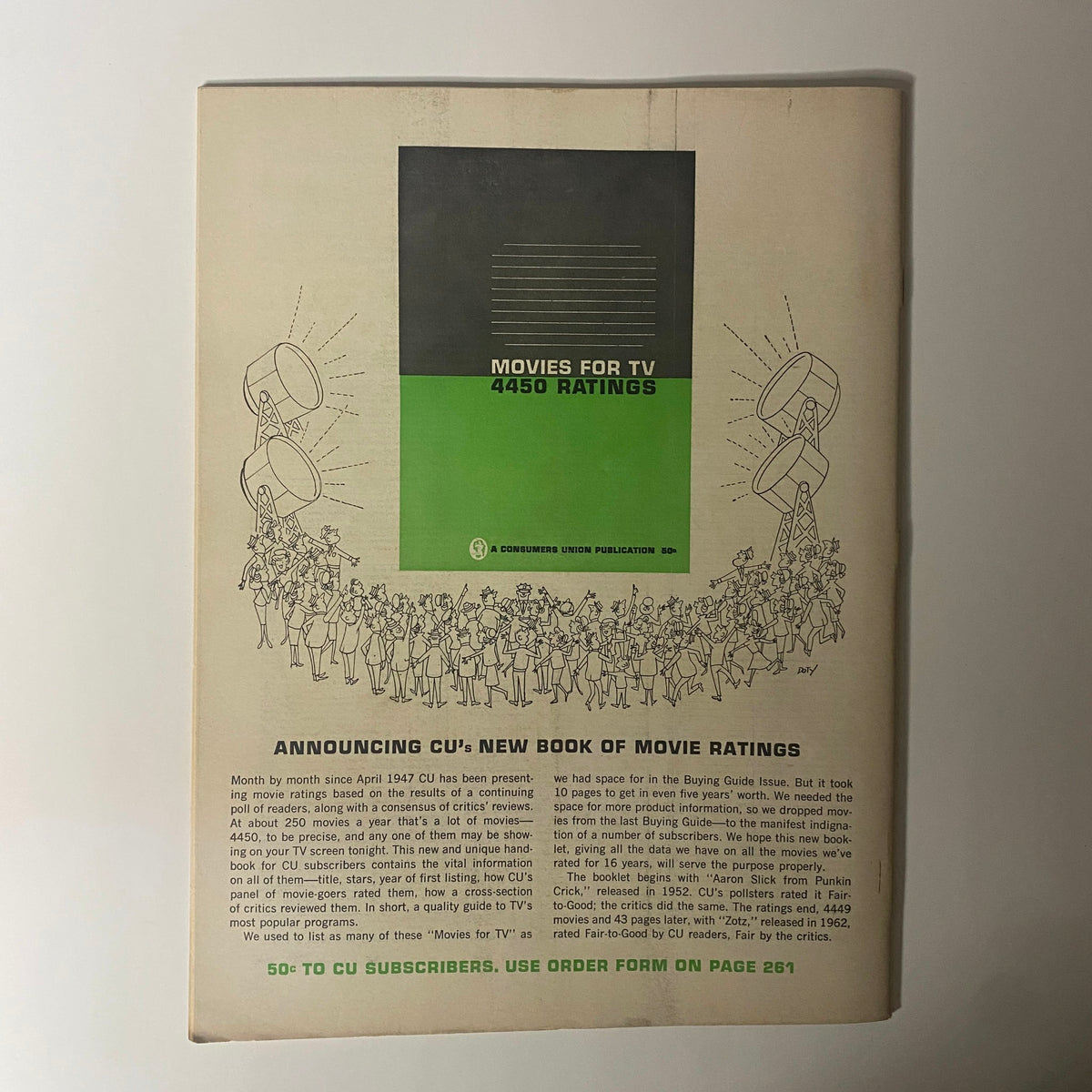 Back cover of Consumer Reports May 1964, promoting CU's book on movie ratings alongside artistic illustrations.