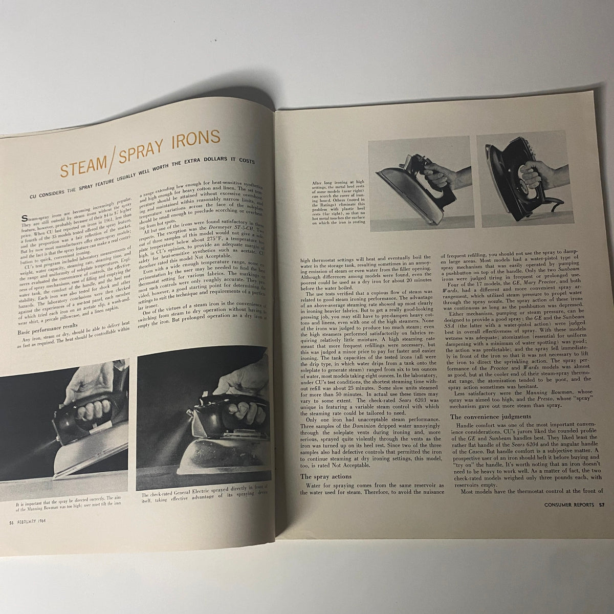 Interior page from Consumer Reports Magazine February 1964 showcasing an article on Steam and Spray Irons with evaluating factors and images.