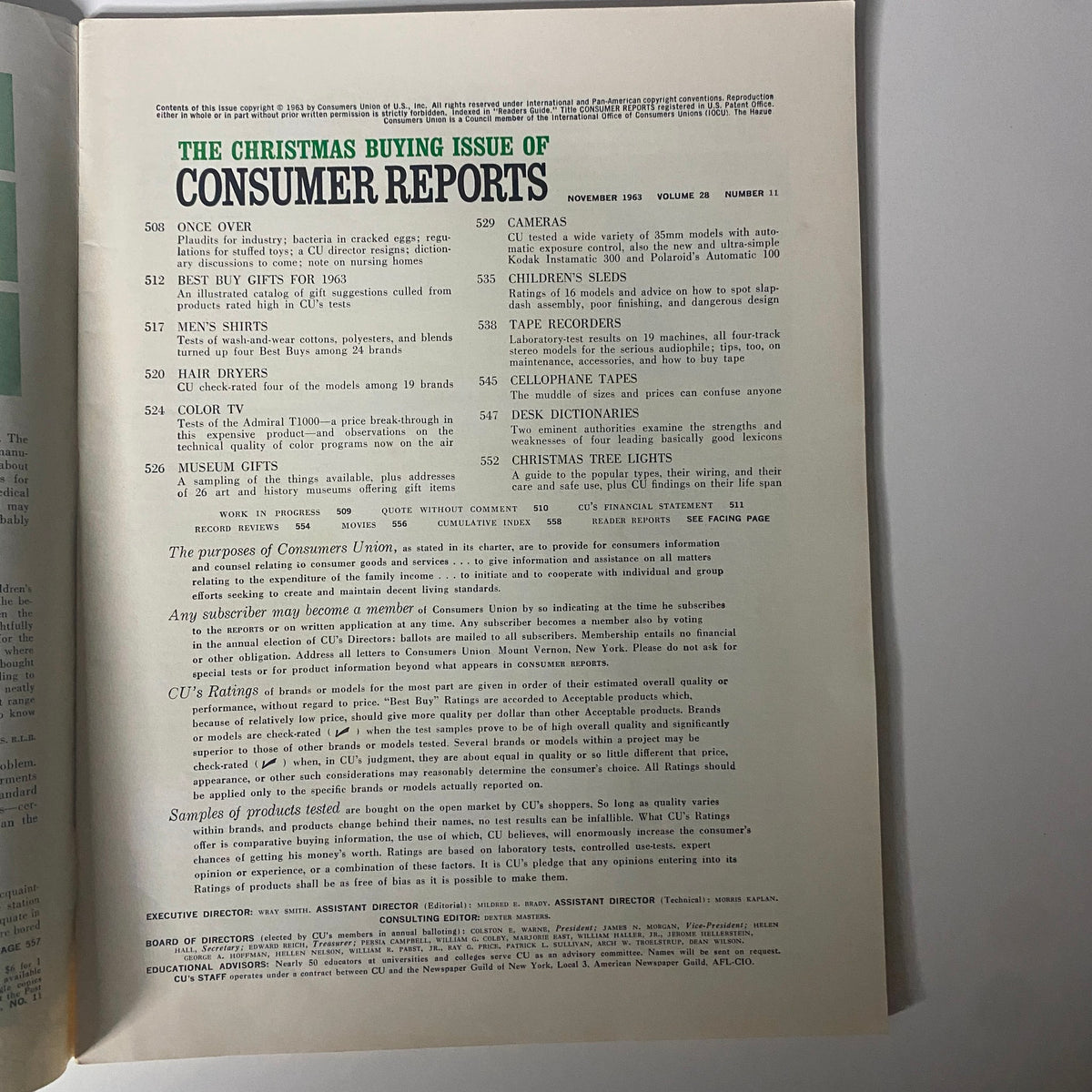 Inside content page of the Consumer Reports Magazine November 1963 Christmas Buying Issue featuring product listings and ratings.