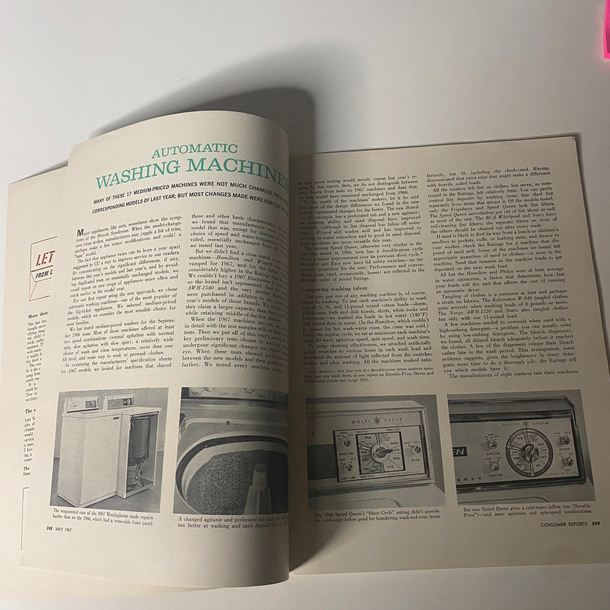 Inside pages of Consumer Reports Magazine May 1967, featuring a detailed review on automatic washing machines with product comparisons and evaluations.