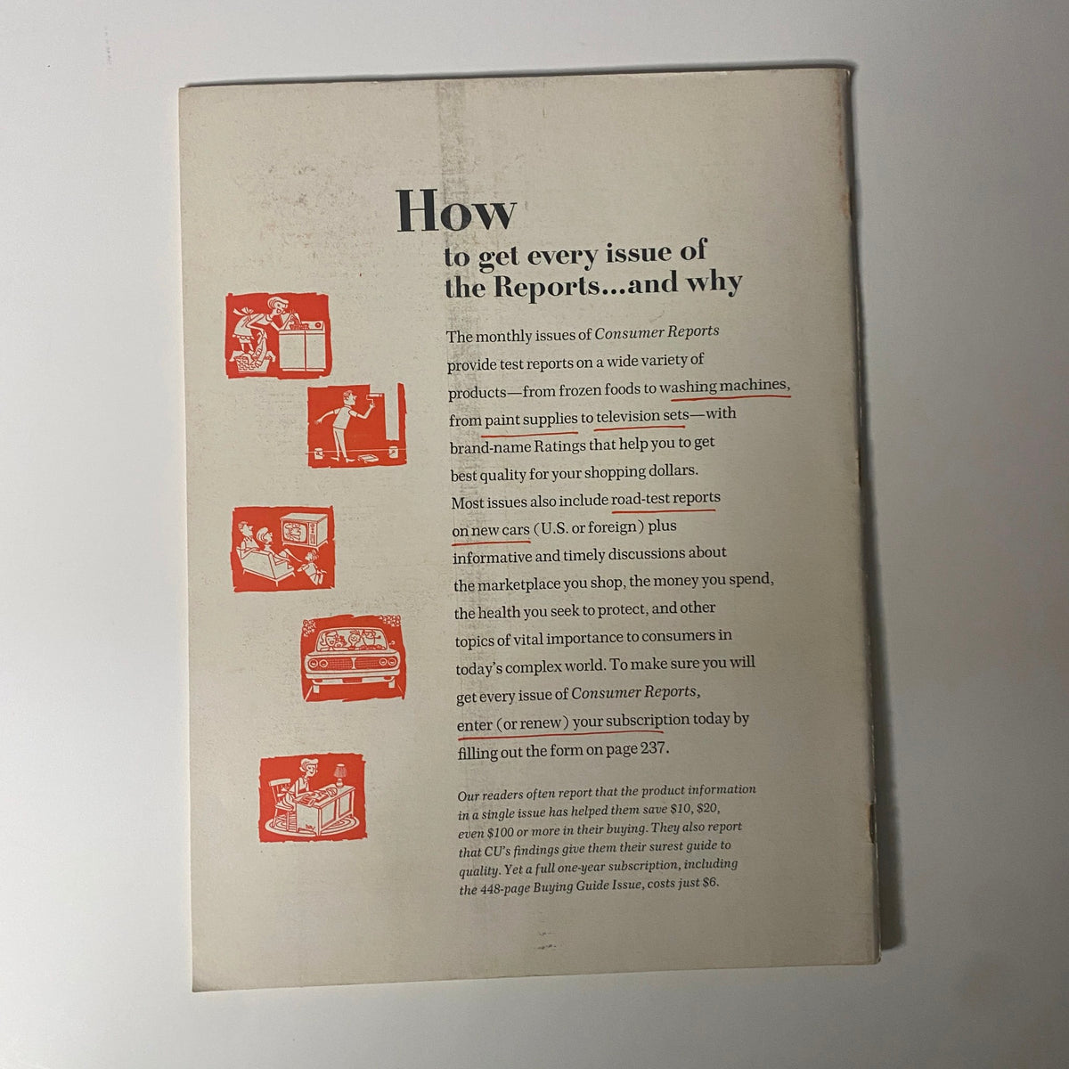 Back cover of Consumer Reports Magazine April 1967 outlining subscription details and the importance of ratings for consumer products across various categories.