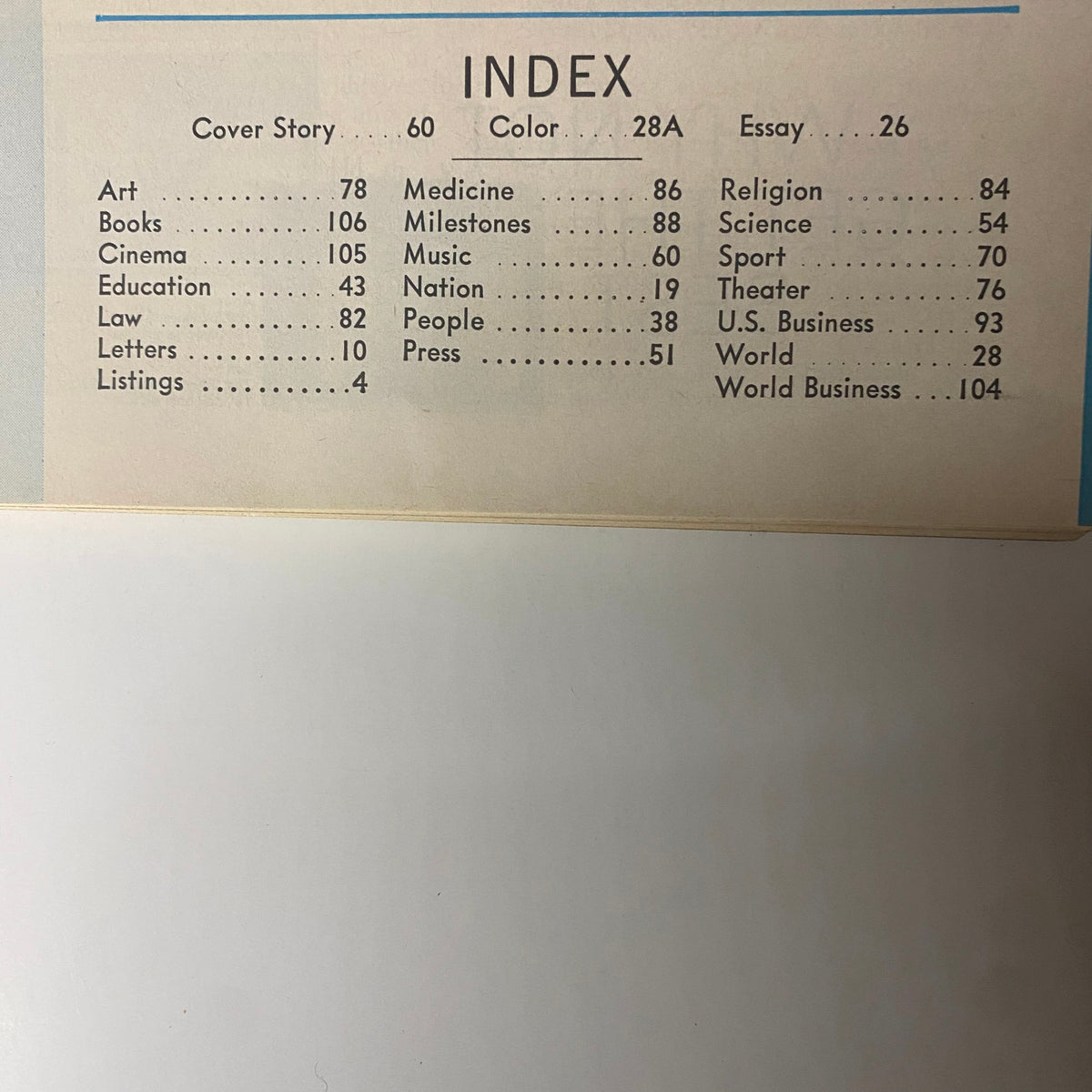 Index page of Time Magazine, September 22, 1967, Vol 90 No. 12 featuring The Beatles 'Their New Incarnation'. The index lists various sections such as Art, Music, and Medicine, illustrating the diverse topics covered in this historic issue.