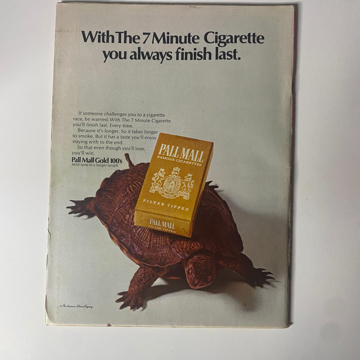 Advertisement from Time Magazine August 11, 1967 Vol 90 No. 6 for Pall Mall cigarettes, featuring a visual metaphor of a turtle, illustrating a clever marketing slogan.