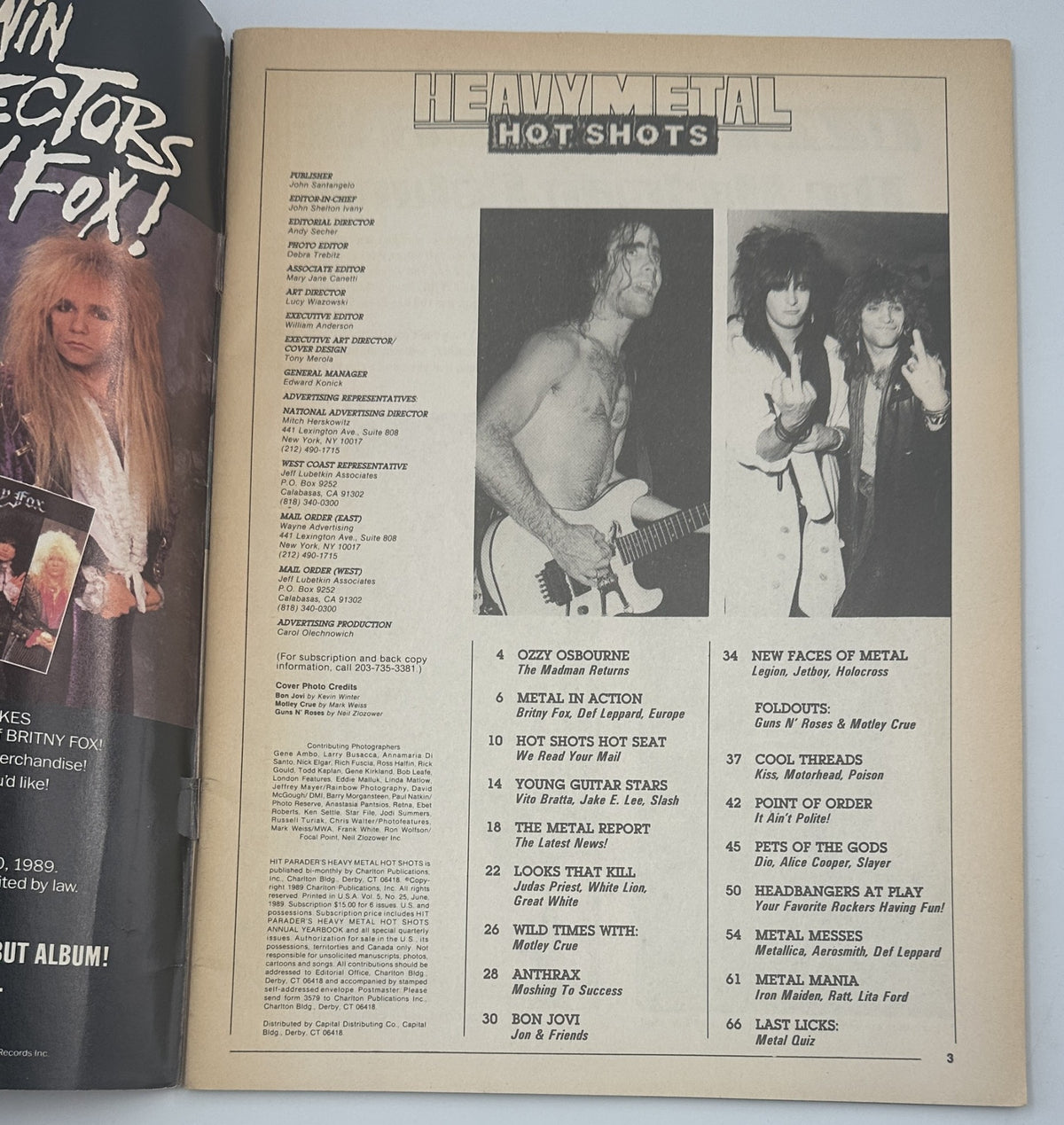 Inside pages of Hit Parader Magazine June 1989 displaying the Table of Contents with features on Ozzy Osbourne, Britny Fox, and more.