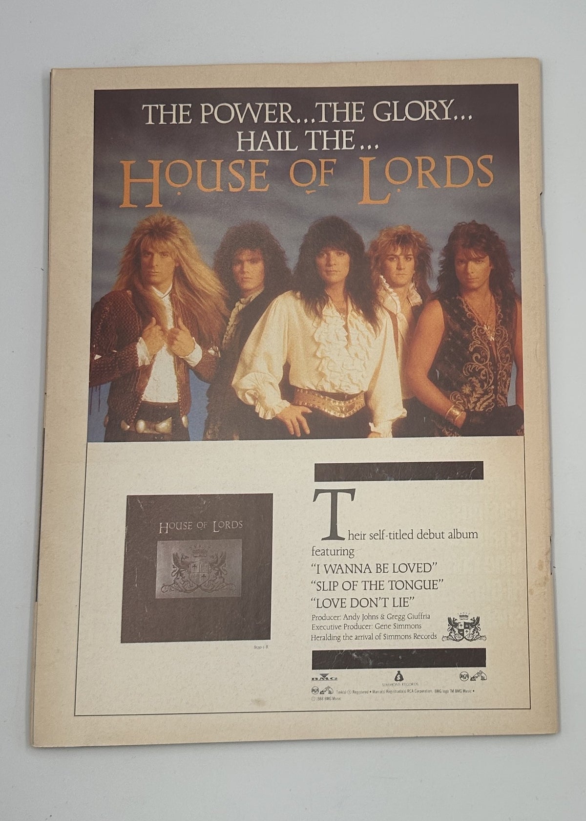 Back cover of Hit Parader Magazine June 1989, featuring the promotional advertisement for House of Lords debut album.