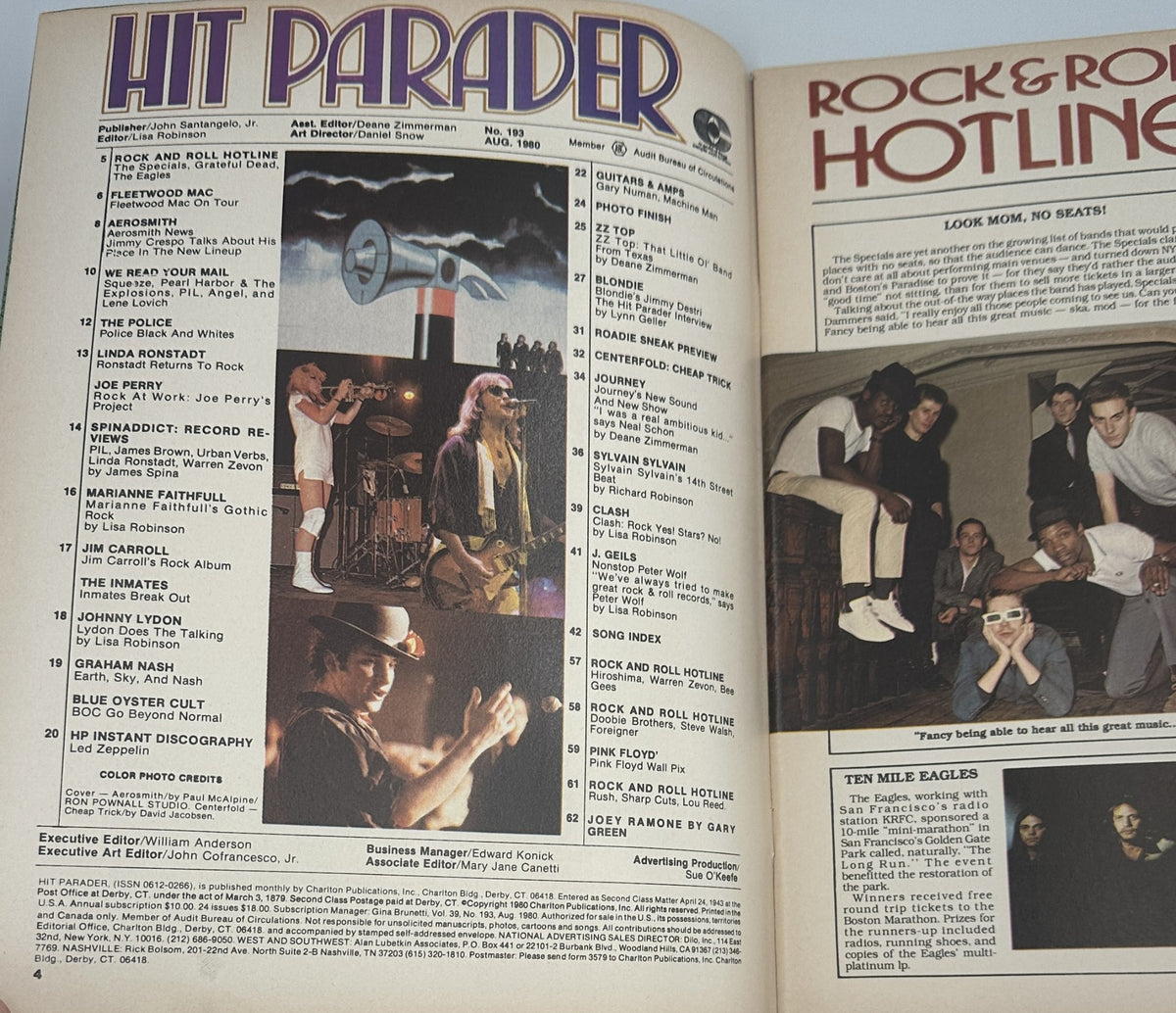 Inside pages of Hit Parader Magazine, August 1980 showing the Table of Contents including features on various artists such as The Police, Linda Ronstadt, and Joe Perry.