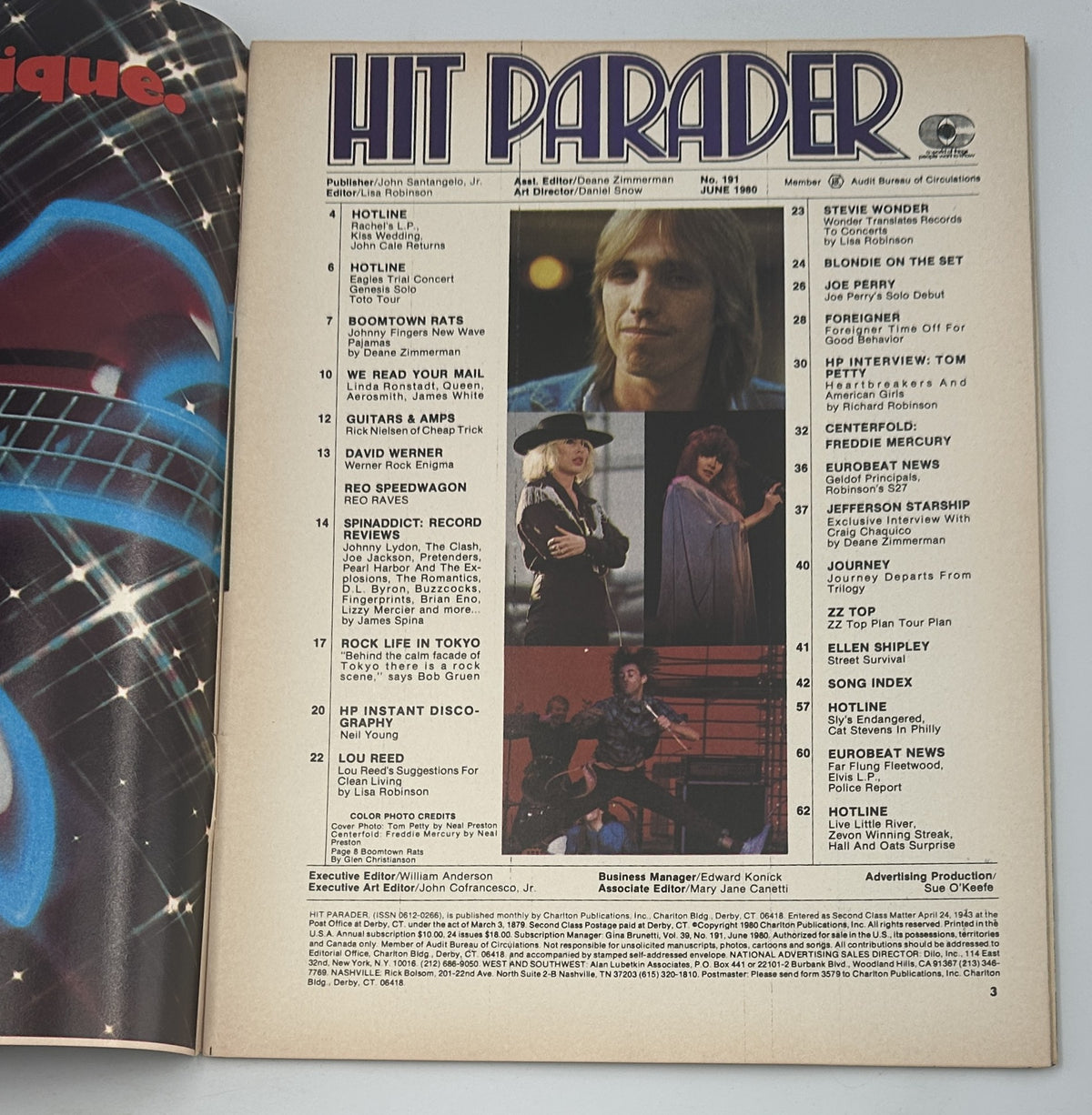 Inside page of Hit Parader Magazine June 1980 displaying the Table of Contents. Highlights include reviews on various rock artists and features such as a spotlight on Tom Petty and information on the Boomtown Rats.