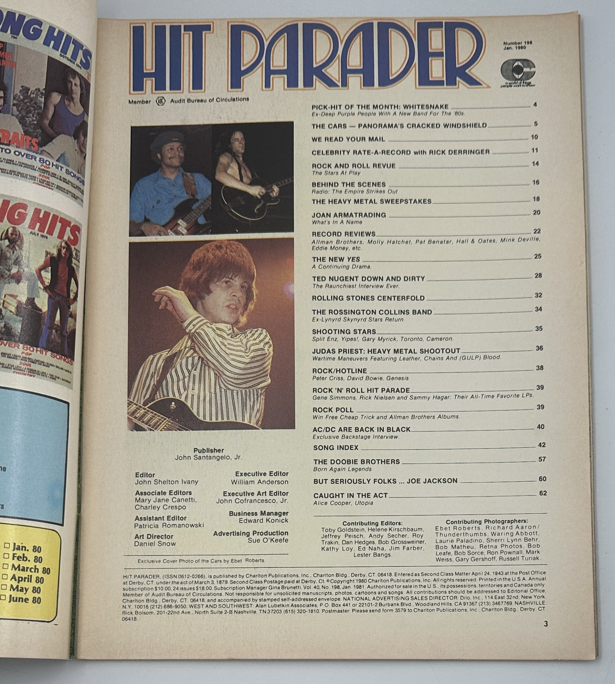Table of contents page from Hit Parader Magazine January 1981, highlighting features on The Cars, Whitesnake, and AC/DC.