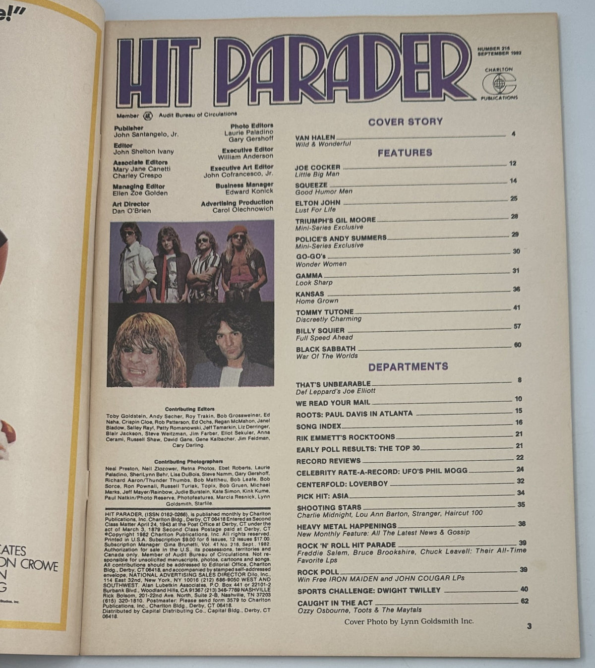 Hit Parader Magazine September 1982 cover featuring Van Halen, David Lee Roth, and Elton John with the magazine's Table of Contents listed inside.