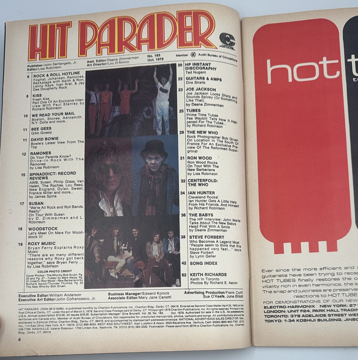 Interior page of Hit Parader Magazine October 1979 with featured articles including The New Who, Joe Jackson’s Spiv Rock, and Keith Richards.