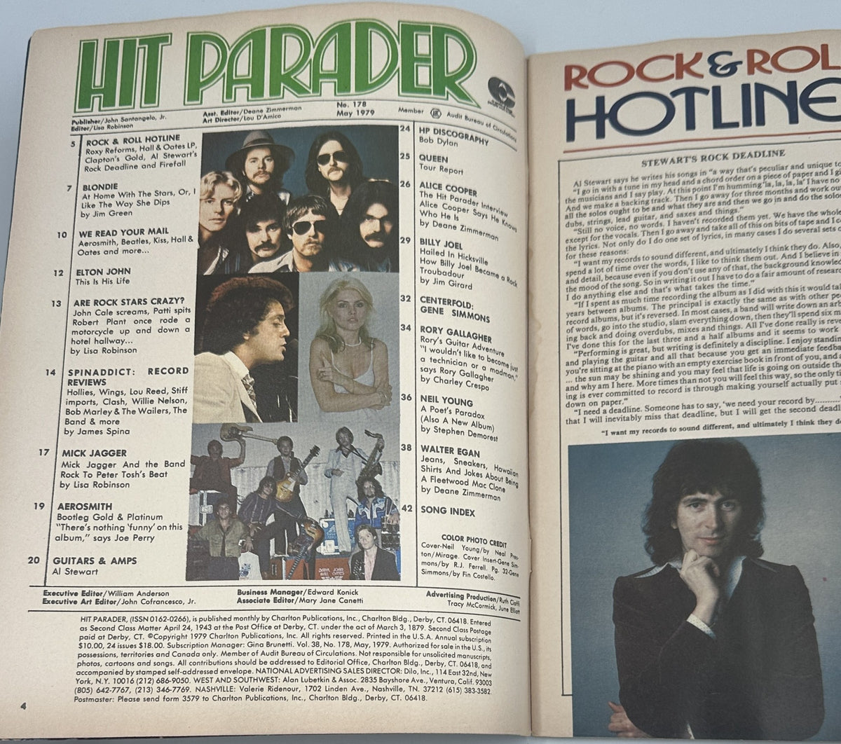 Inside pages of Hit Parader Magazine May 1979 displaying the Table of Contents, featuring sections on Elton John, Aerosmith, and more iconic rock artists.