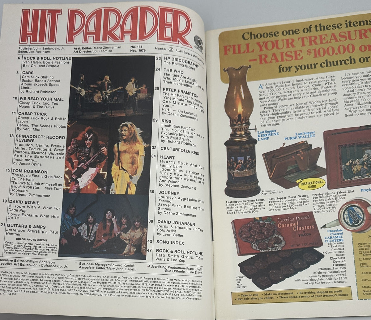 Inside pages of Hit Parader Magazine November 1979 showing the Table of Contents, featuring bands like Cheap Trick and David Johansen.