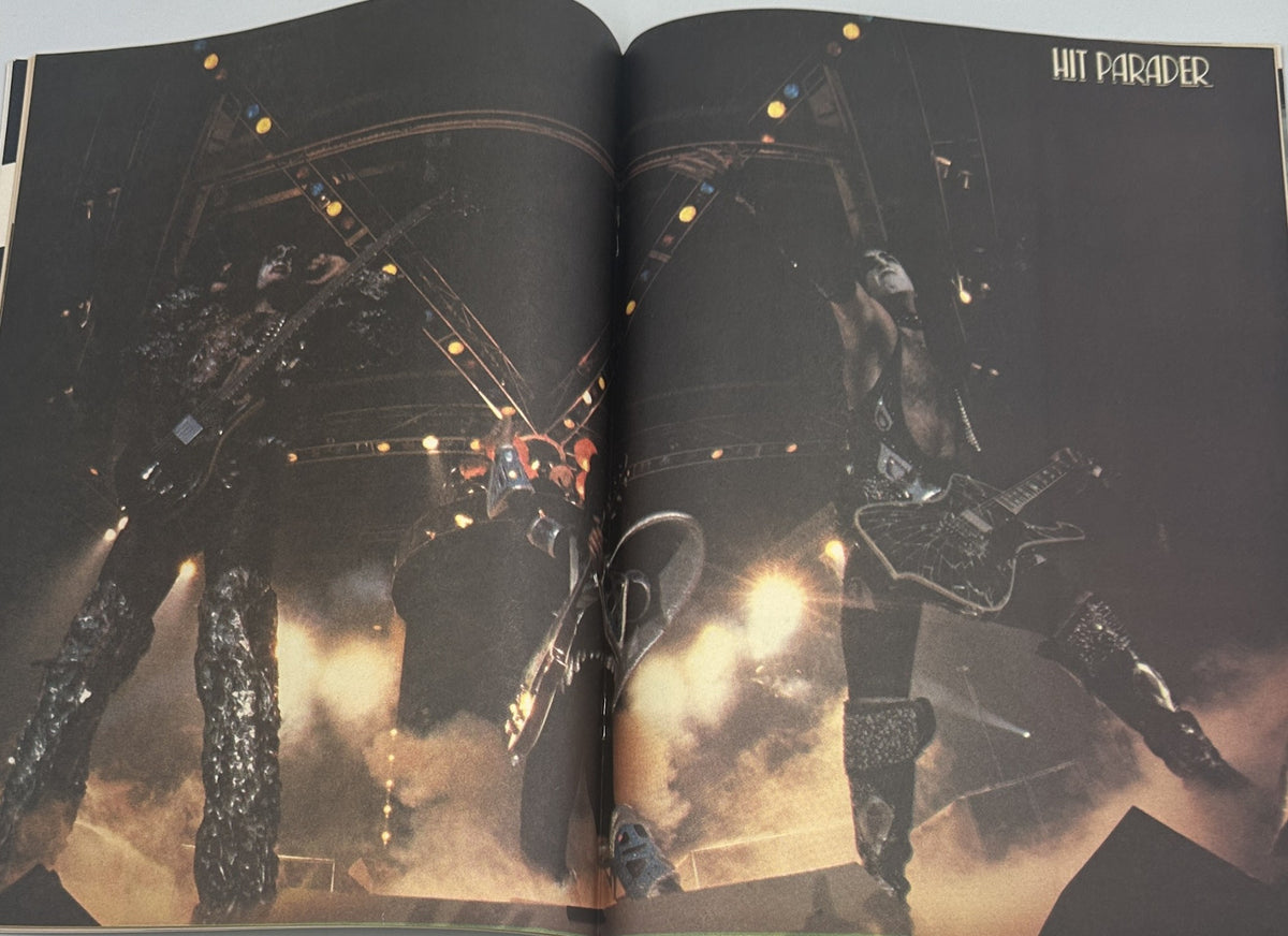 Spread from Hit Parader Magazine November 1979 showcasing KISS performing live on stage, highlighted as a featured band.