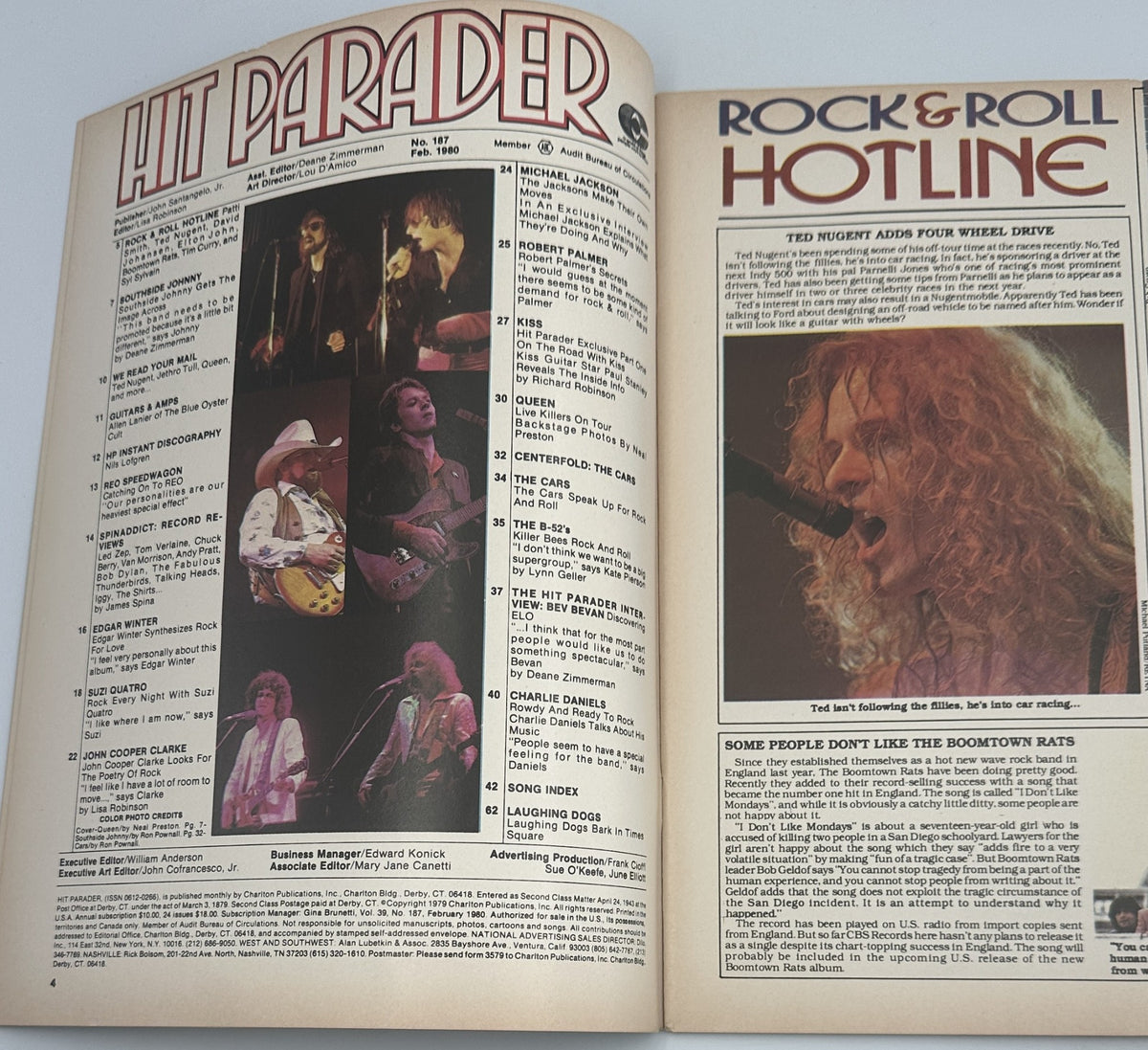 Inside spread of Hit Parader Magazine February 1980 featuring the Rock & Roll Hotline section, showcasing Ted Nugent and various artists.