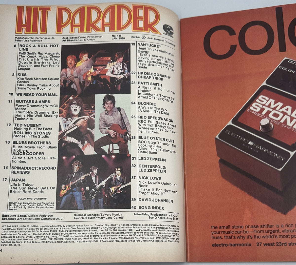Hit Parader magazine January 1980 featuring rock musicians and a table of contents highlighting artists like Led Zeppelin, KISS, and Ted Nugent.