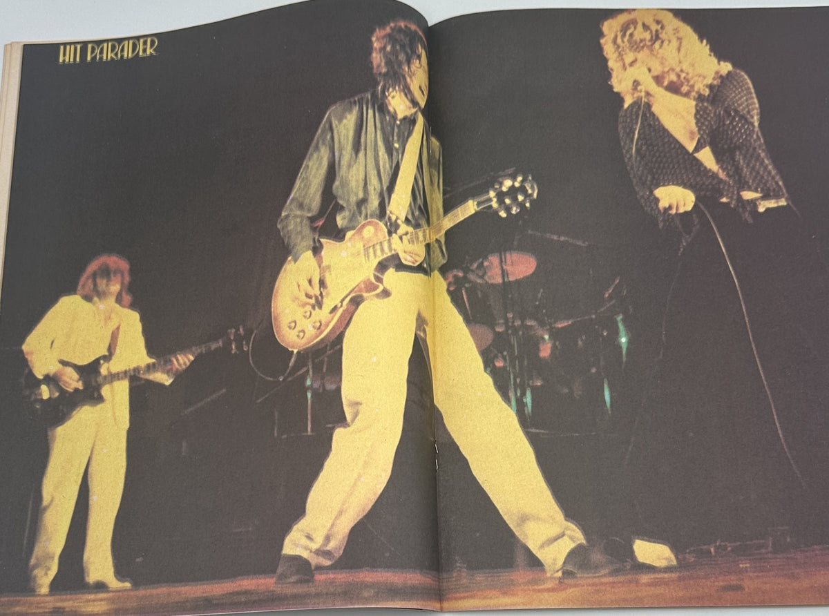 Hit Parader magazine January 1980 showcasing a performance by Led Zeppelin, with Robert Plant singing and Jimmy Page playing guitar.