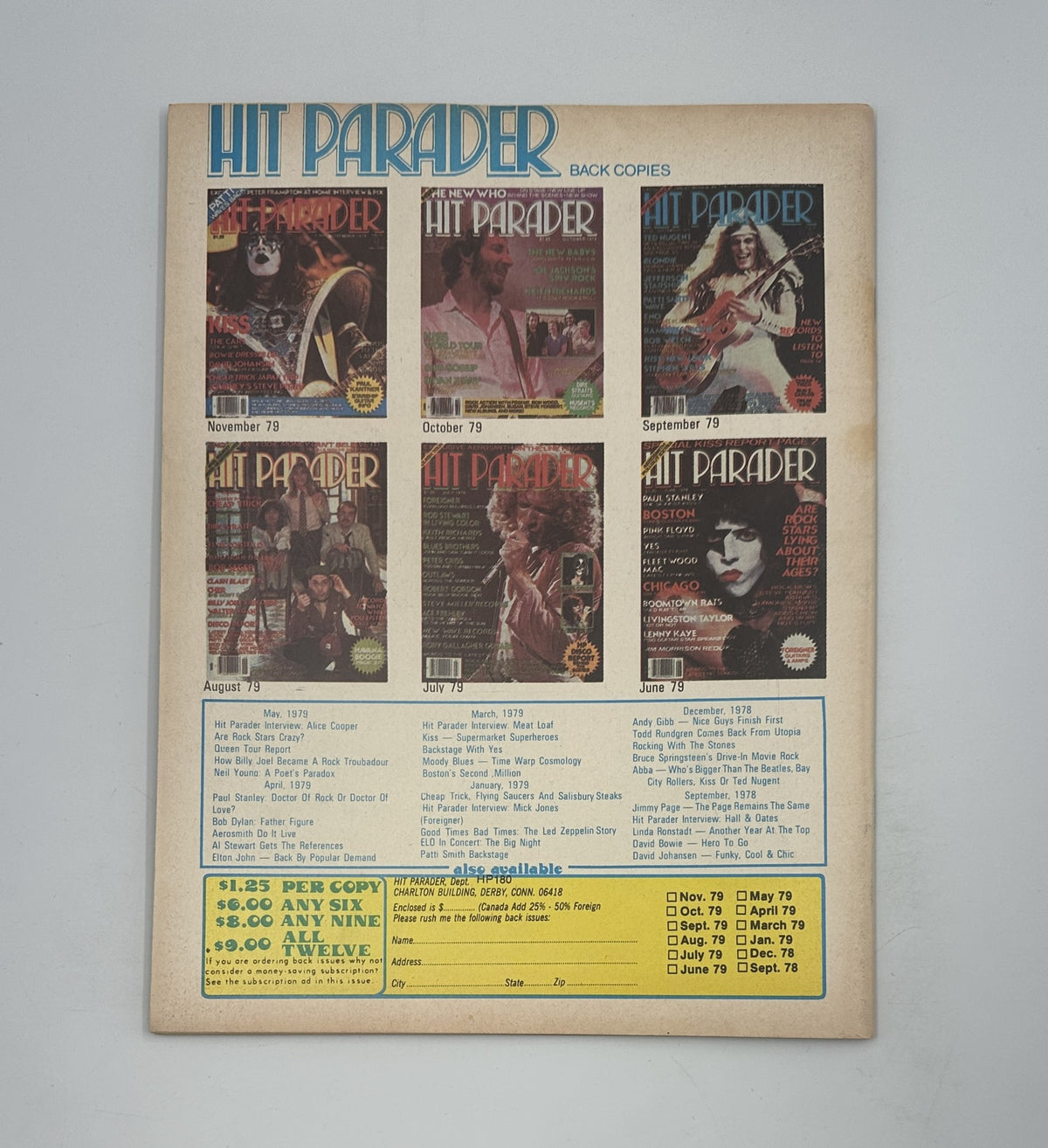 Hit Parader magazine January 1980 back cover displaying previous issue covers, highlighting popular rock artists from the late 1970s.