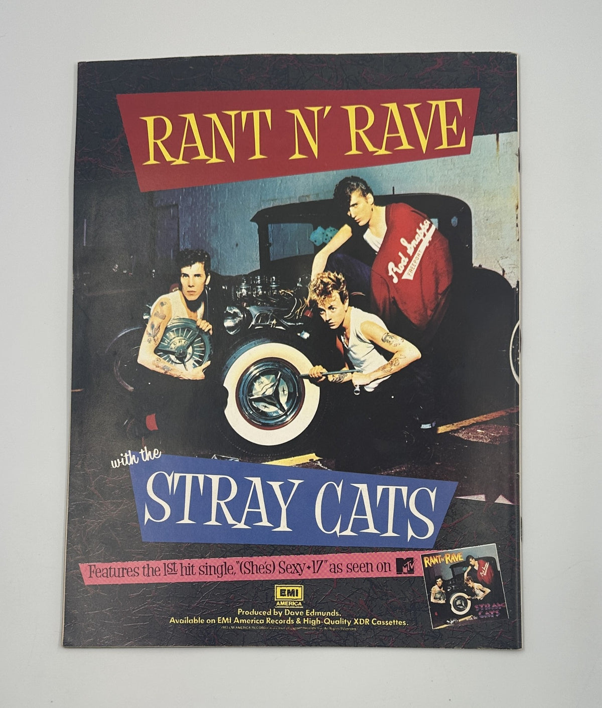 RANT N' RAVE with the STRAY CATS magazine cover featuring the band's style and iconic image, highlighting their first hit single 'Sexy 17' as seen on EMI Records.