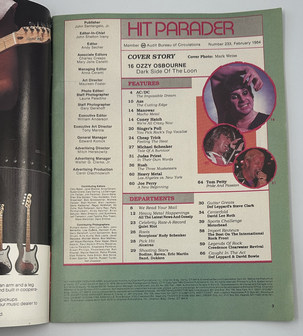 Inside page of Hit Parader Magazine February 1984 detailing the Table of Contents, highlighting the cover story on Ozzy Osbourne and features including AC/DC and Rush.