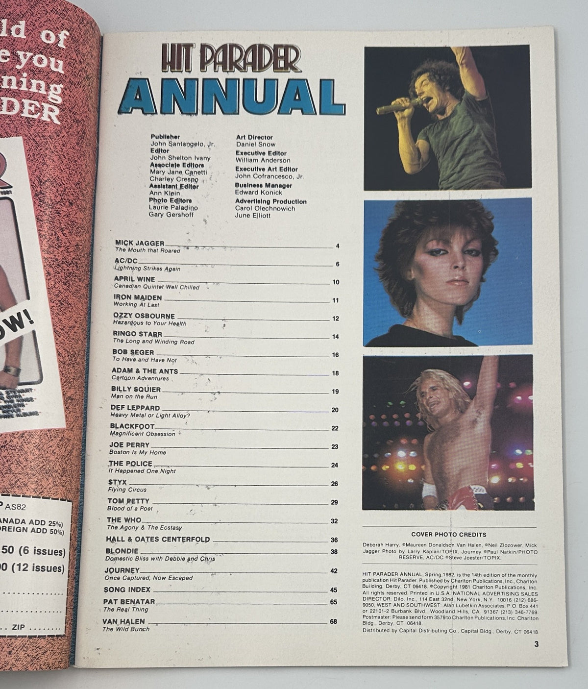 Table of Contents page from Hit Parader Annual Magazine Spring 1982 listing interviews and features on iconic artists like Mick Jagger, Ozzy Osbourne, and Van Halen.