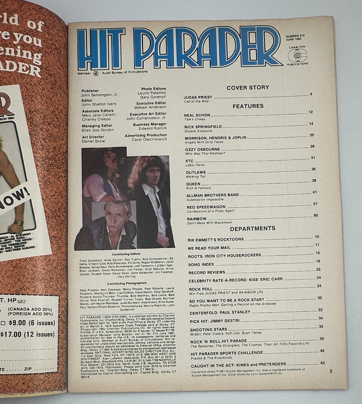 Inside page of Hit Parader Magazine June 1982 showing the table of contents. Features articles on artists such as Ozzy Osbourne, Neal Schon, and more.