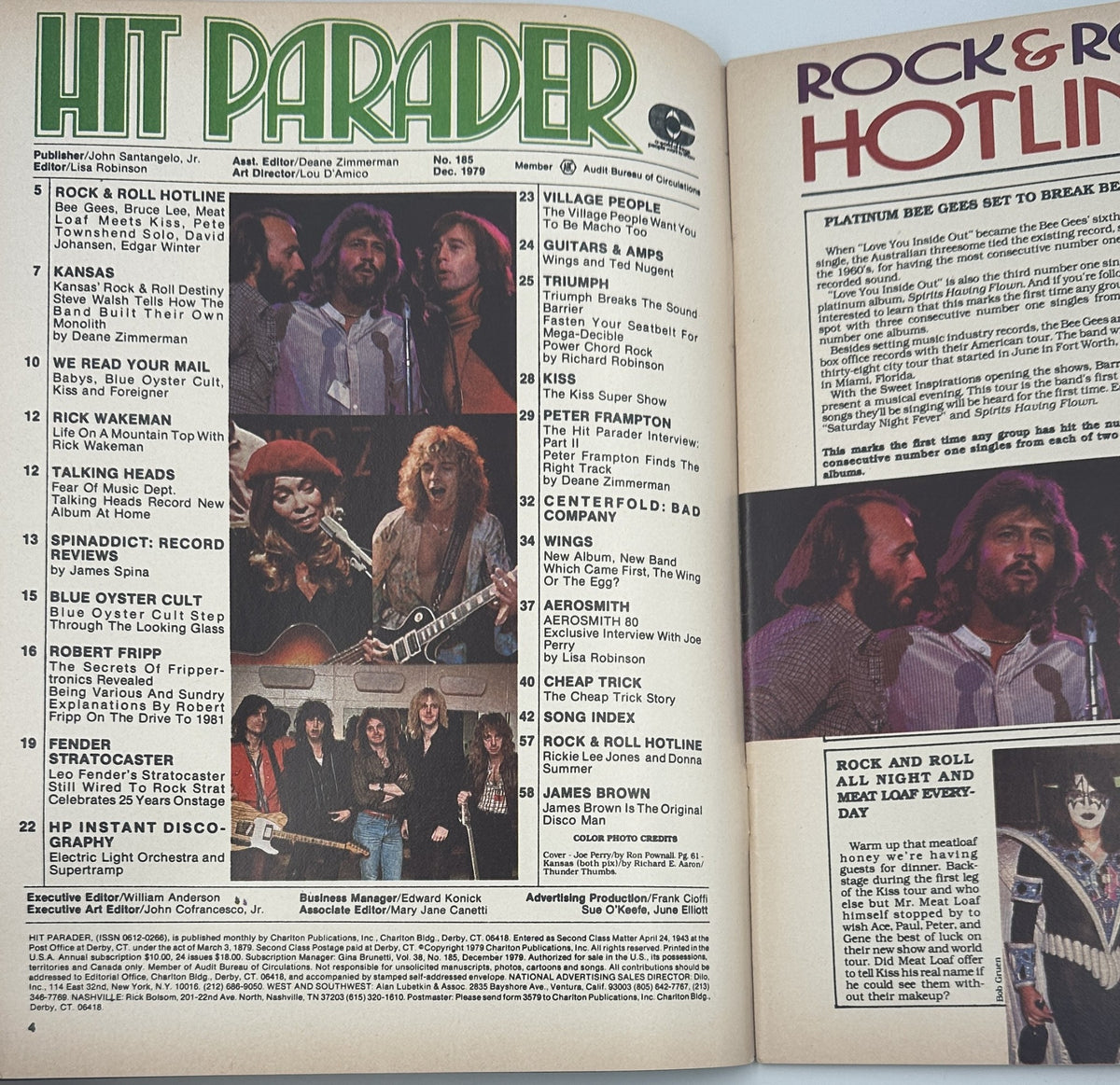 Hit Parader Magazine December 1979 featuring articles on Kansas, Rick Wakeman, and more, showing the interior pages with content overview and band images.