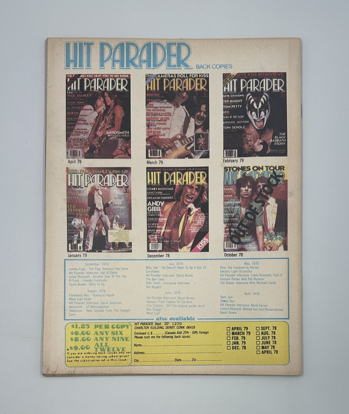 Hit Parader Magazine December 1979 back cover displaying previous magazine issues and a subscription advertisement, emphasizing vintage rock memorabilia.