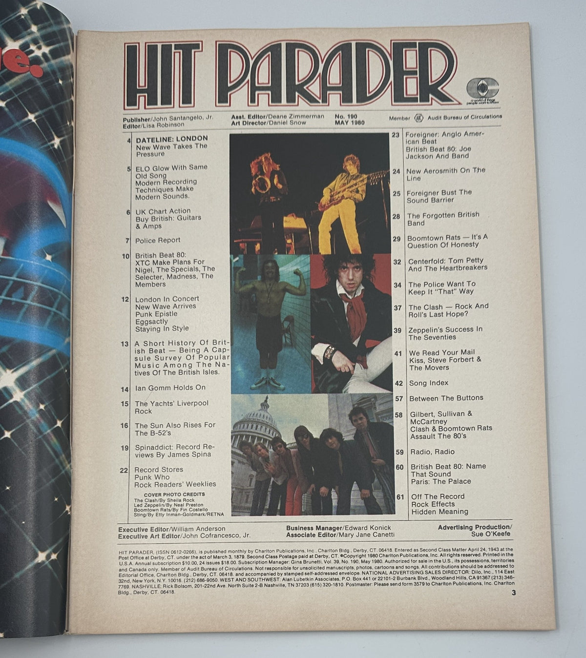 Inside page of Hit Parader Magazine May 1980 showcasing the table of contents and featuring prominent bands like ELO and The Police, along with music insights and reviews.