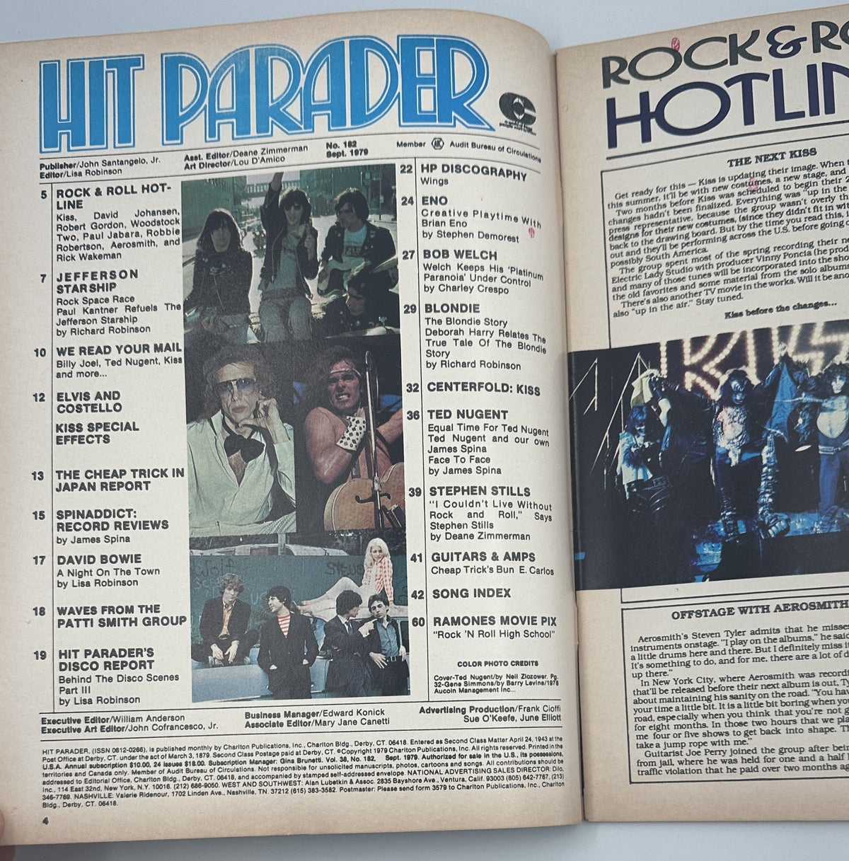 Inside spread of Hit Parader Magazine September 1979 displaying the Table of Contents, including articles on Rock & Roll Hotline, Elvis Costello, and the Patti Smith Group.