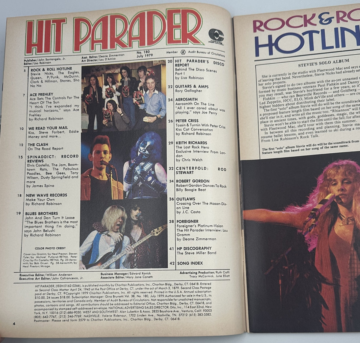 Inside spread of Hit Parader Magazine July 1979 displaying the Table of Contents, including notable artists and features like Rock & Roll Hotline and The Clash report.