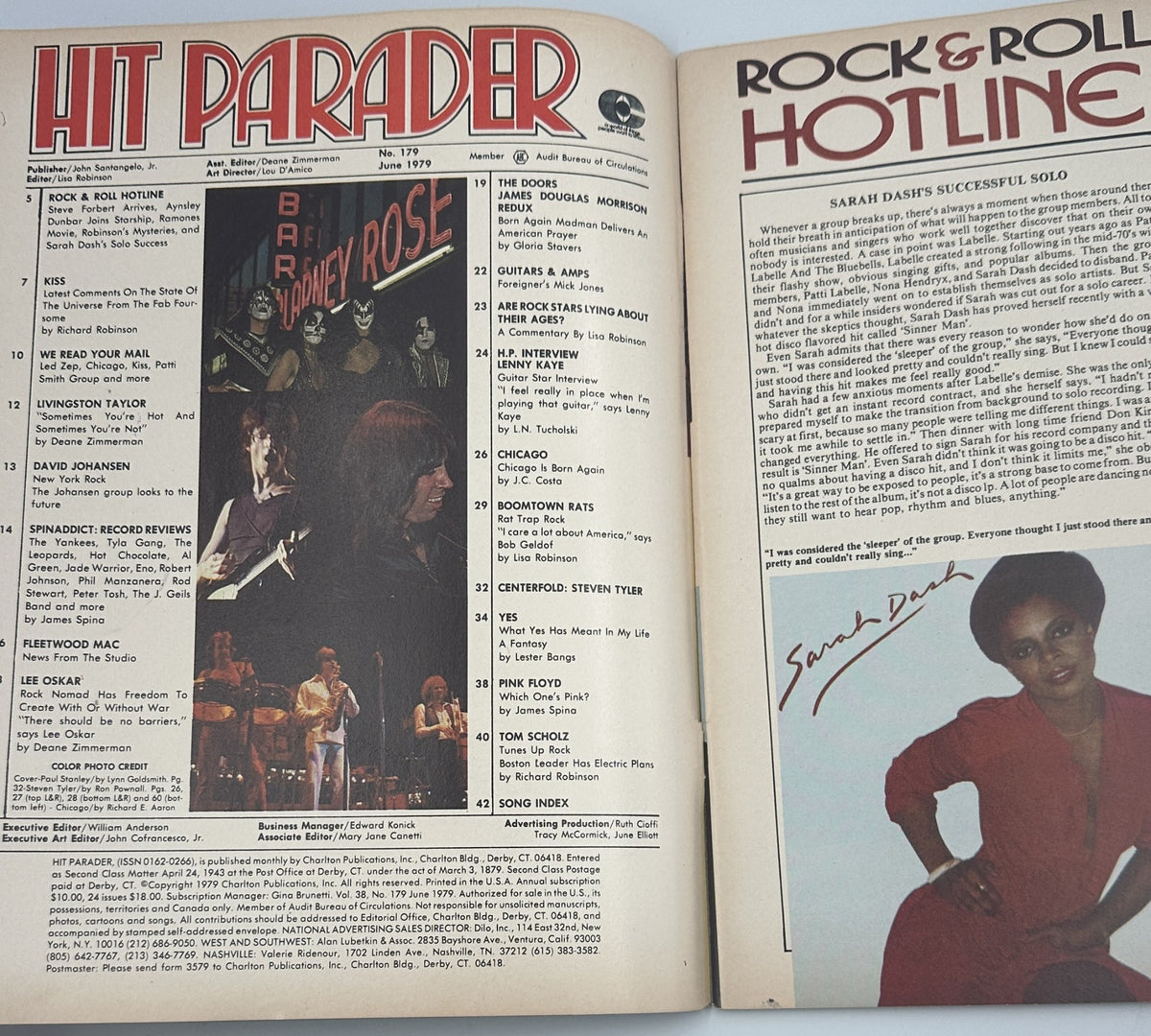 Inside pages of Hit Parader Magazine June 1979, showcasing the Table of Contents with features on KISS, Livingston Taylor, and Boomtown Rats.