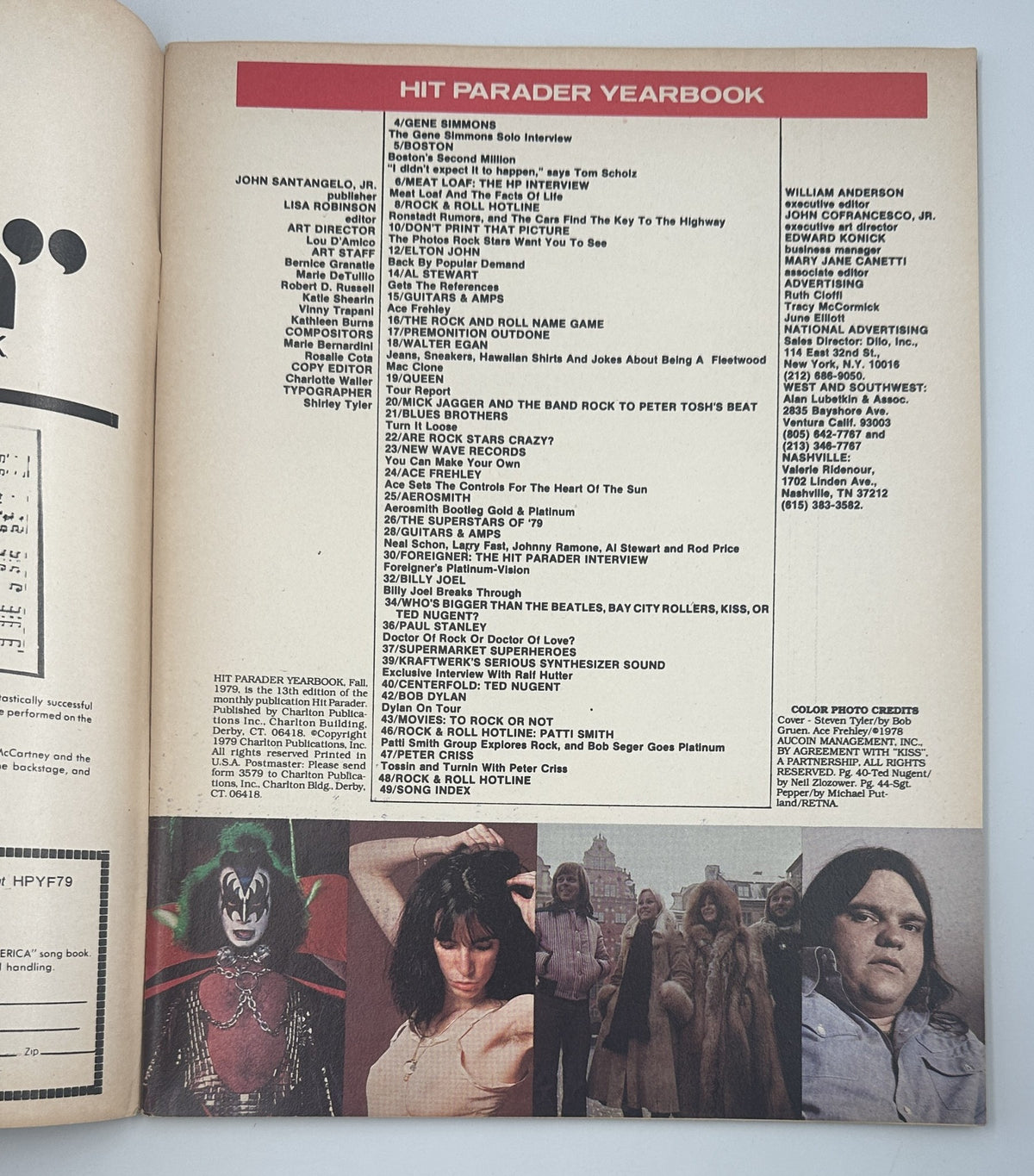 Interior page of Hit Parader Yearbook Magazine Fall 1979 displaying the Table of Contents with features on Gene Simmons, Meat Loaf, and other rock legends.