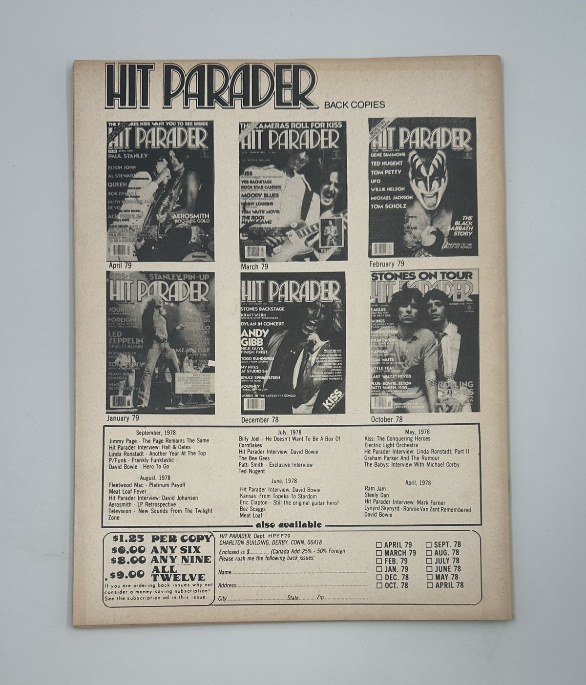 Hit Parader Yearbook Magazine Fall 1979 featuring Gene Simmons, Aerosmith, and Queen, showcasing available back copies with promotional details and cover images.