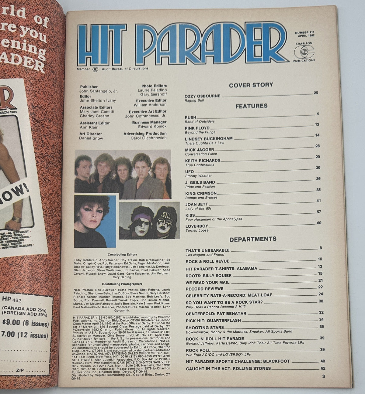 Inside page of Hit Parader Magazine, April 1982 displaying the table of contents including featured articles about Ozzy Osbourne, Mick Jagger, and other rock legends.