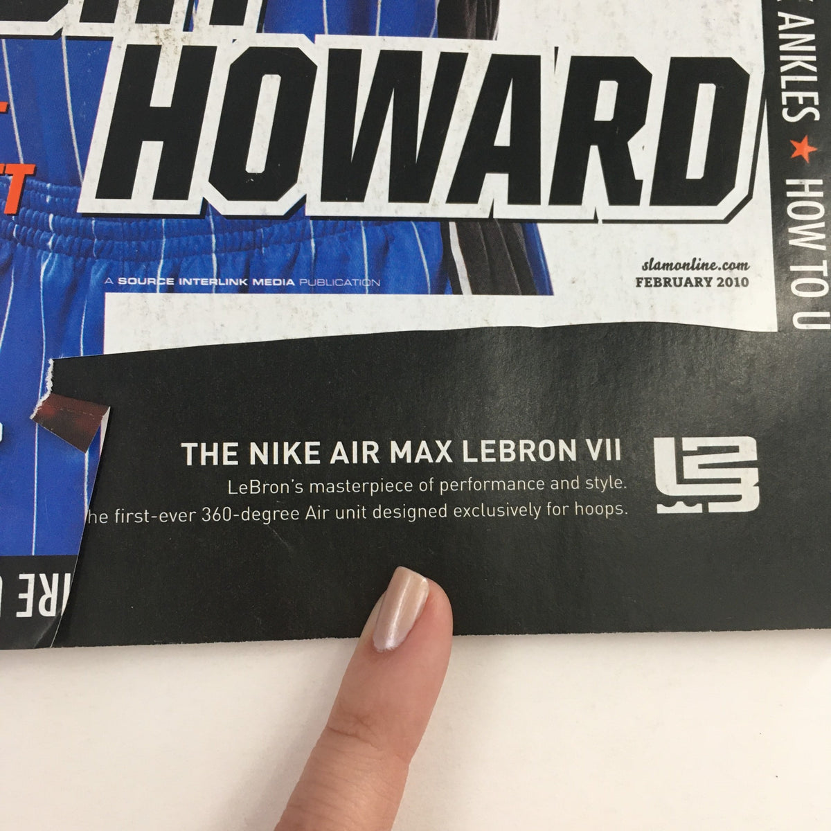 Detail from Slam Magazine February 2010 #134 showcasing the Nike Air Max LeBron VII, along with promotional text about the shoe's performance.