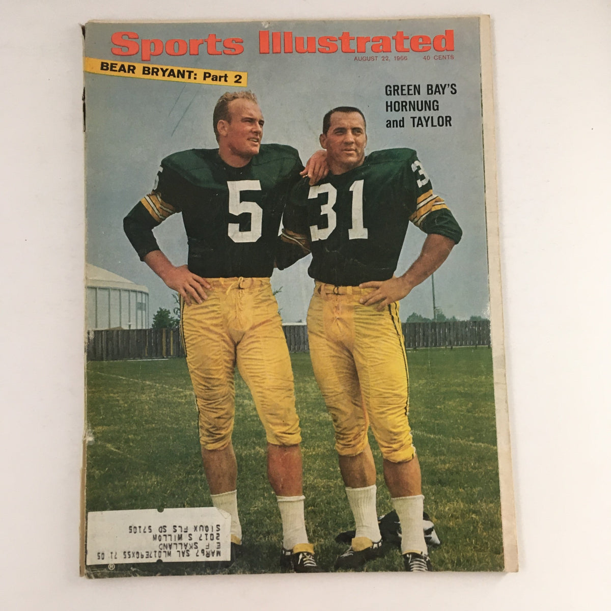 Cover of Sports Illustrated Magazine August 22, 1966 featuring Green Bay's Paul Hornung and Jim Taylor, showcasing two iconic football players.