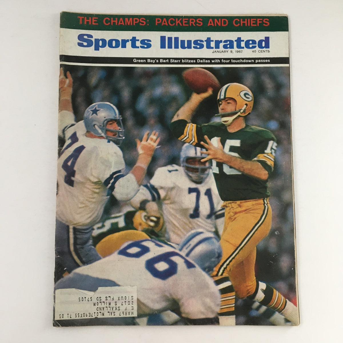 Vintage Sports Illustrated Magazine from January 9, 1967 featuring NFL Green Bay Packers quarterback Bart Starr on the cover, showcasing his iconic performance in a game against the Dallas Cowboys.