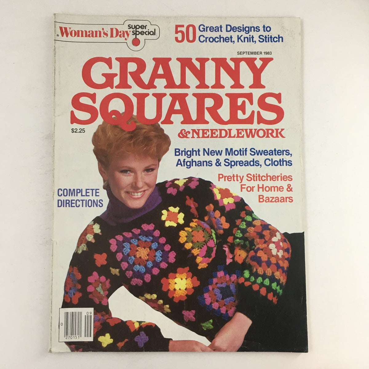 Cover of Woman's Day Magazine September 1983 featuring Granny Squares & Needlework, showcasing vibrant crochet designs and a model wearing a colorful granny square sweater, promoting pretty stitcheries for home bazaars.