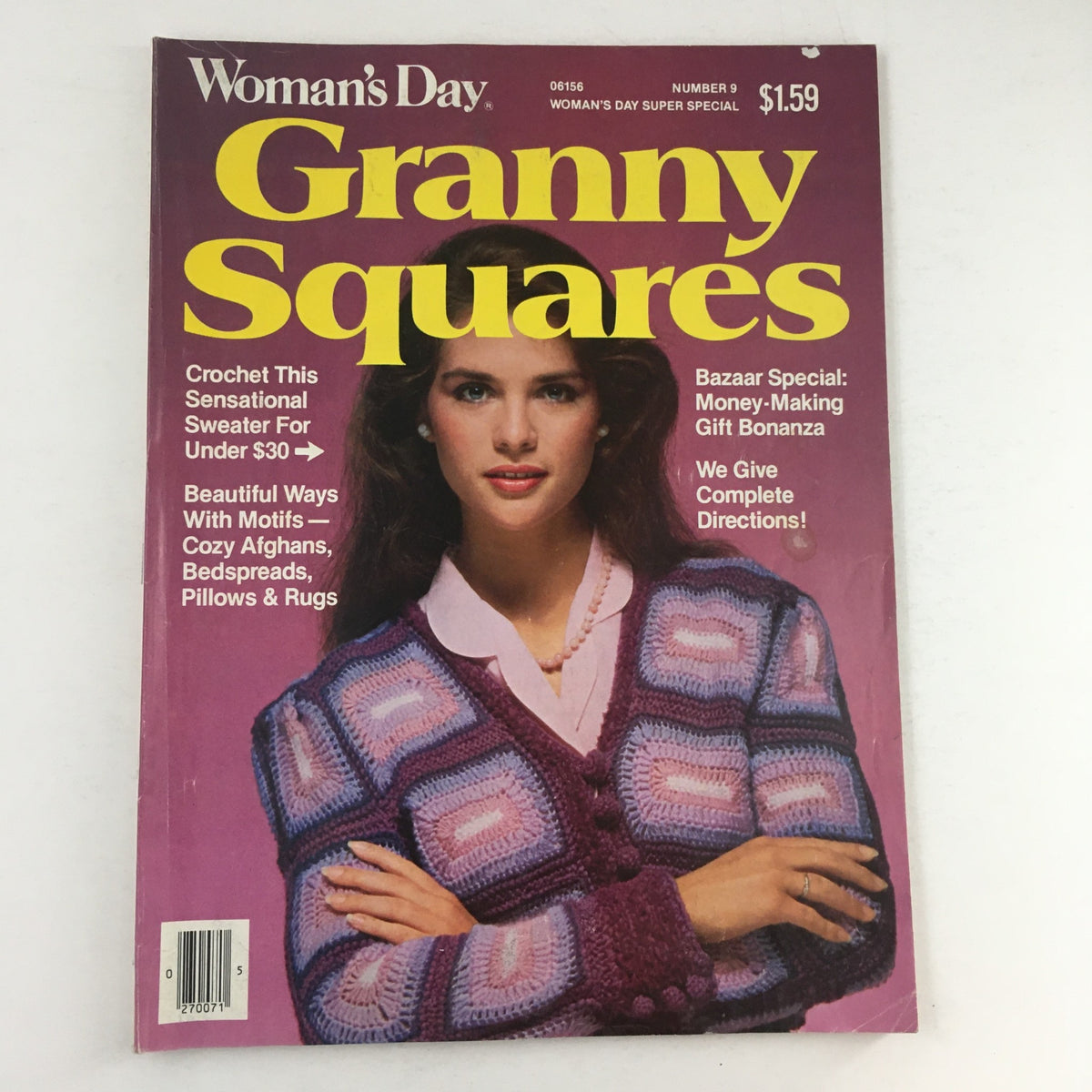 Cover of Woman's Day Magazine #9 1981 Bazaar Special Money-Making Gift Bonanza featuring a model wearing a colorful Granny Squares cardigan, showcasing crochet techniques and crafting ideas.