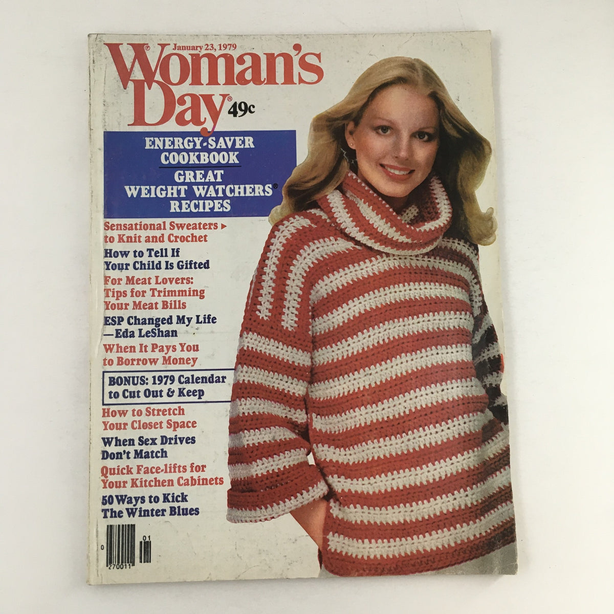 Cover of Woman's Day Magazine January 23 1979 featuring a woman in a stylish knit and crochet striped sweater, highlighting sensational sweater patterns, with features on cooking and home tips.