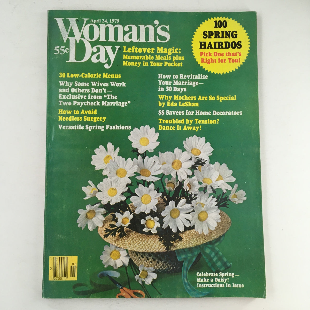 Woman's Day Magazine April 24 1979 cover featuring spring-themed decorations, a basket of daisies, and various articles on homemaking, diet, and marriage.